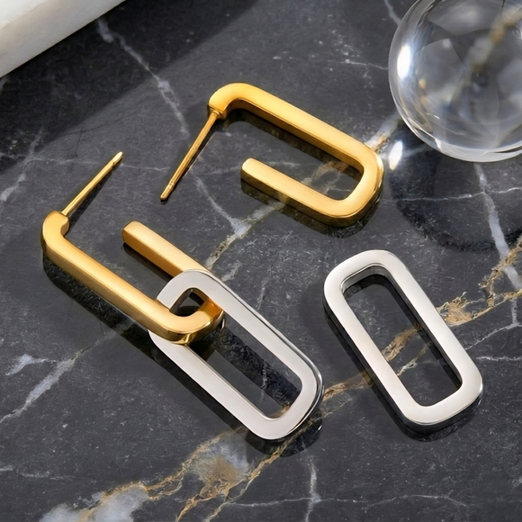 Minimalist Chic Two Tone C Hoop Earrings 18K Gold Plated Stainless Steel - Picture 5 of 14